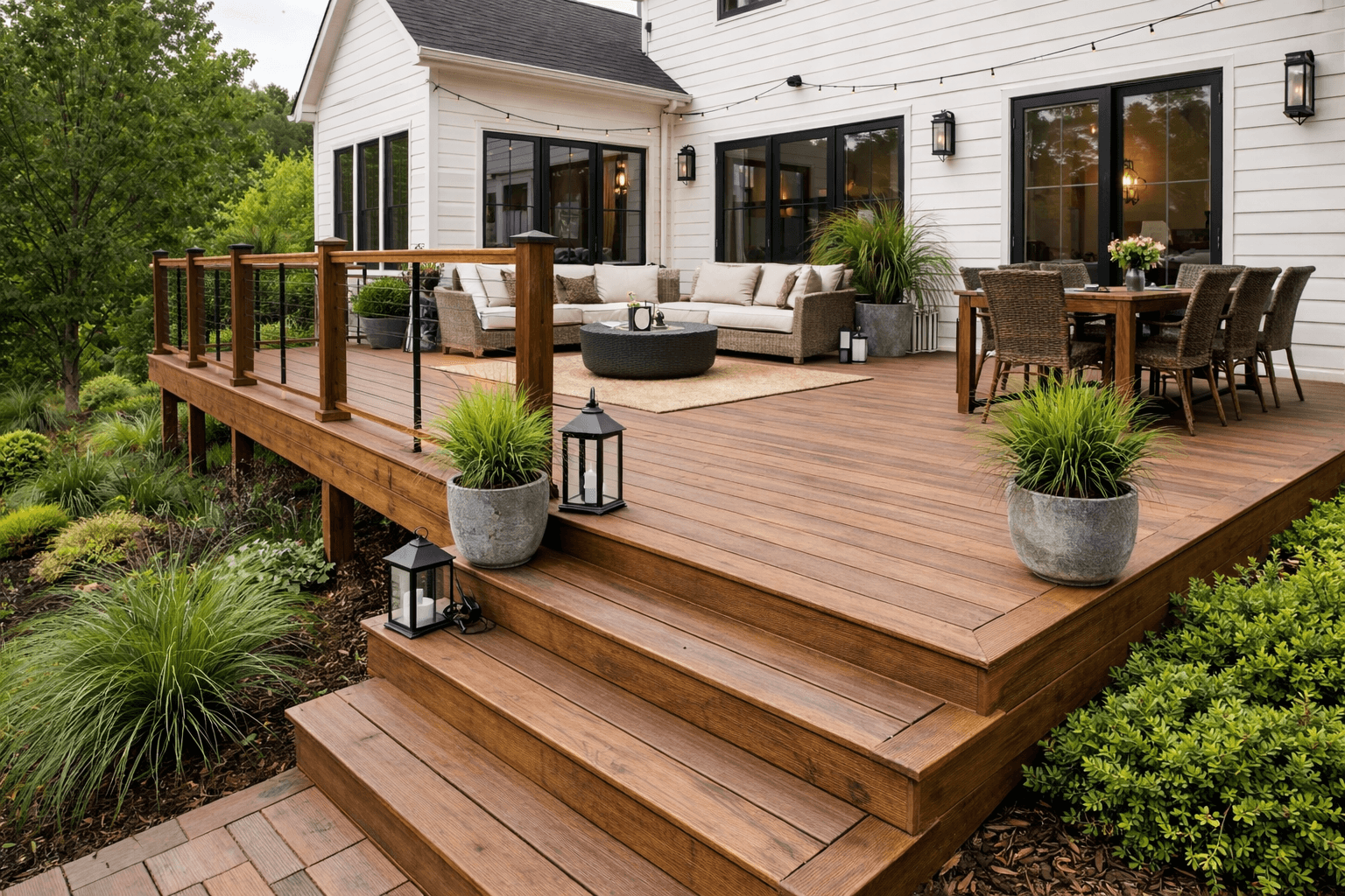 Large custom wood deck with outdoor seating